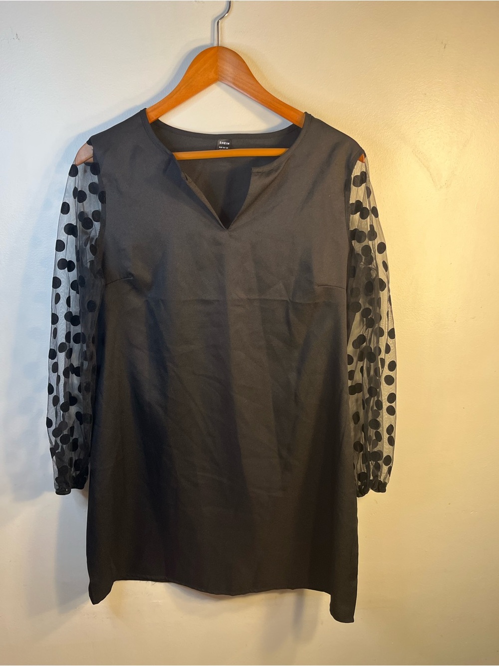 SHEIN Dress Black Long Sleeve with Polka Dot Sheer Sleeves Women’s Large